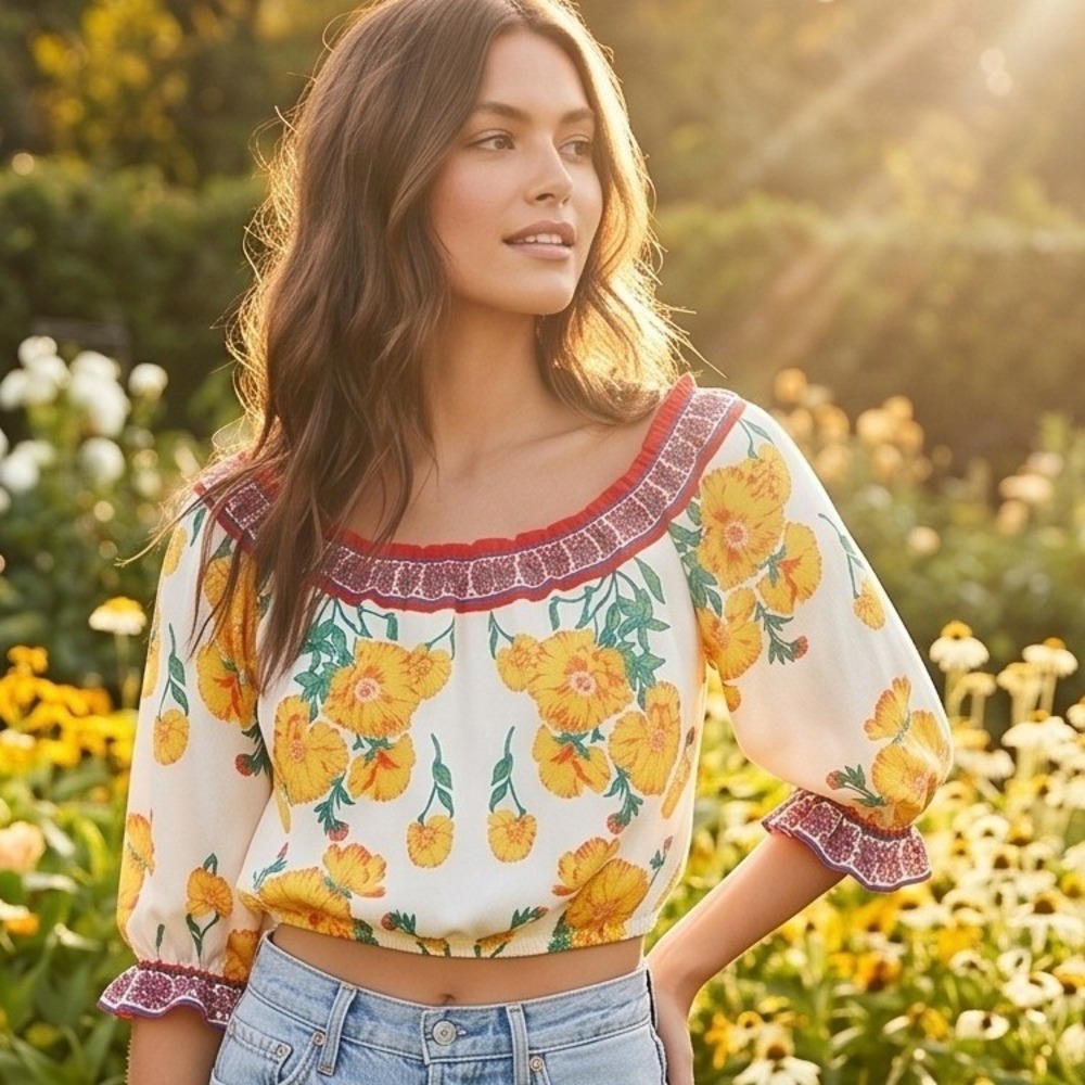 Flying Tomato M Womens Colorful Off Shoulder Floral Crop Top Blouse Floral M